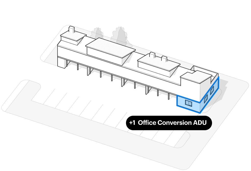 Axonometric of a rental property with the leasing office converted to one ADU