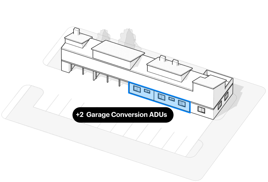 Axonometric of a rental property with two tuck-under garages converted to ADUs