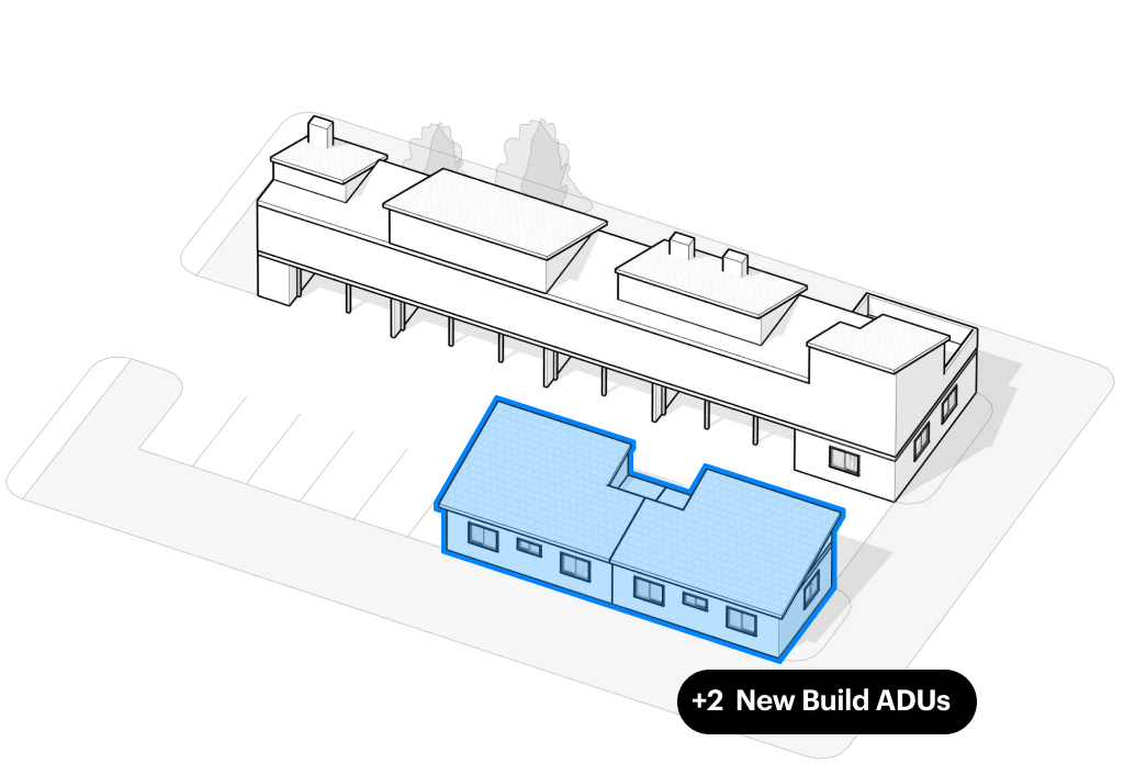 Axonometric of a rental property with a new duplex built in excess parking